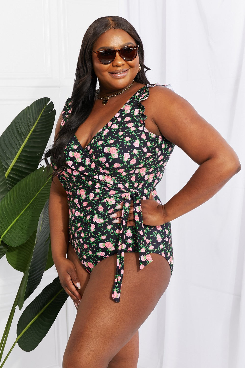 Floral Ruffle Faux Wrap Swimsuit