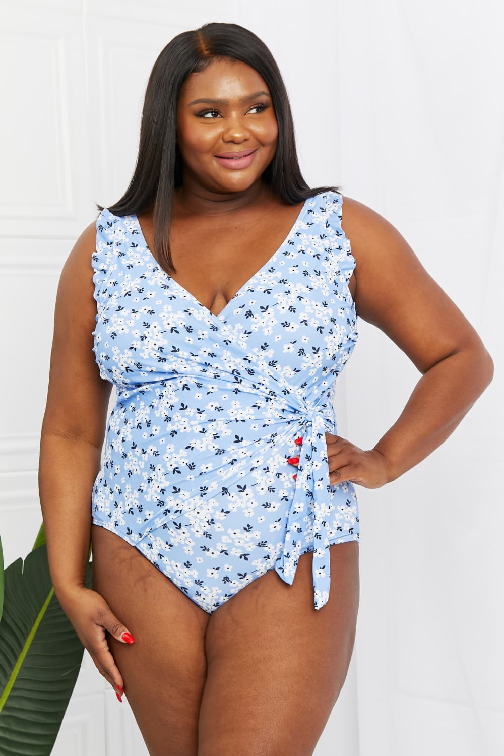 Blossom Blue  Ruffle Faux Wrap One-Piece Swimsuit