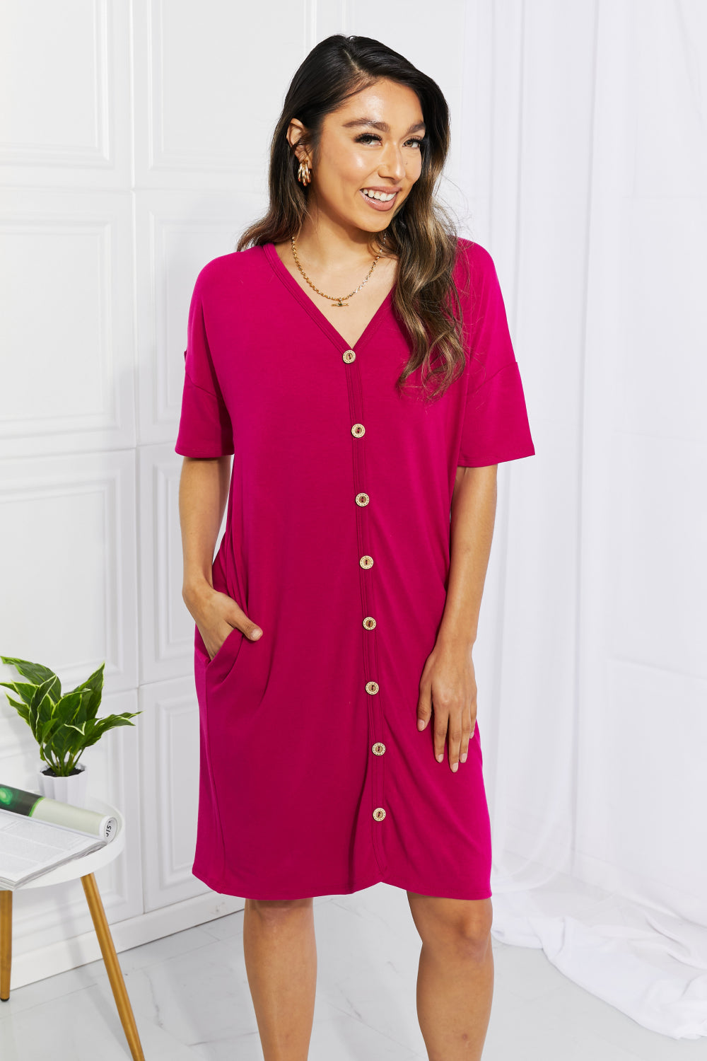 Magenta Sunday Brunch Button Midi Dress