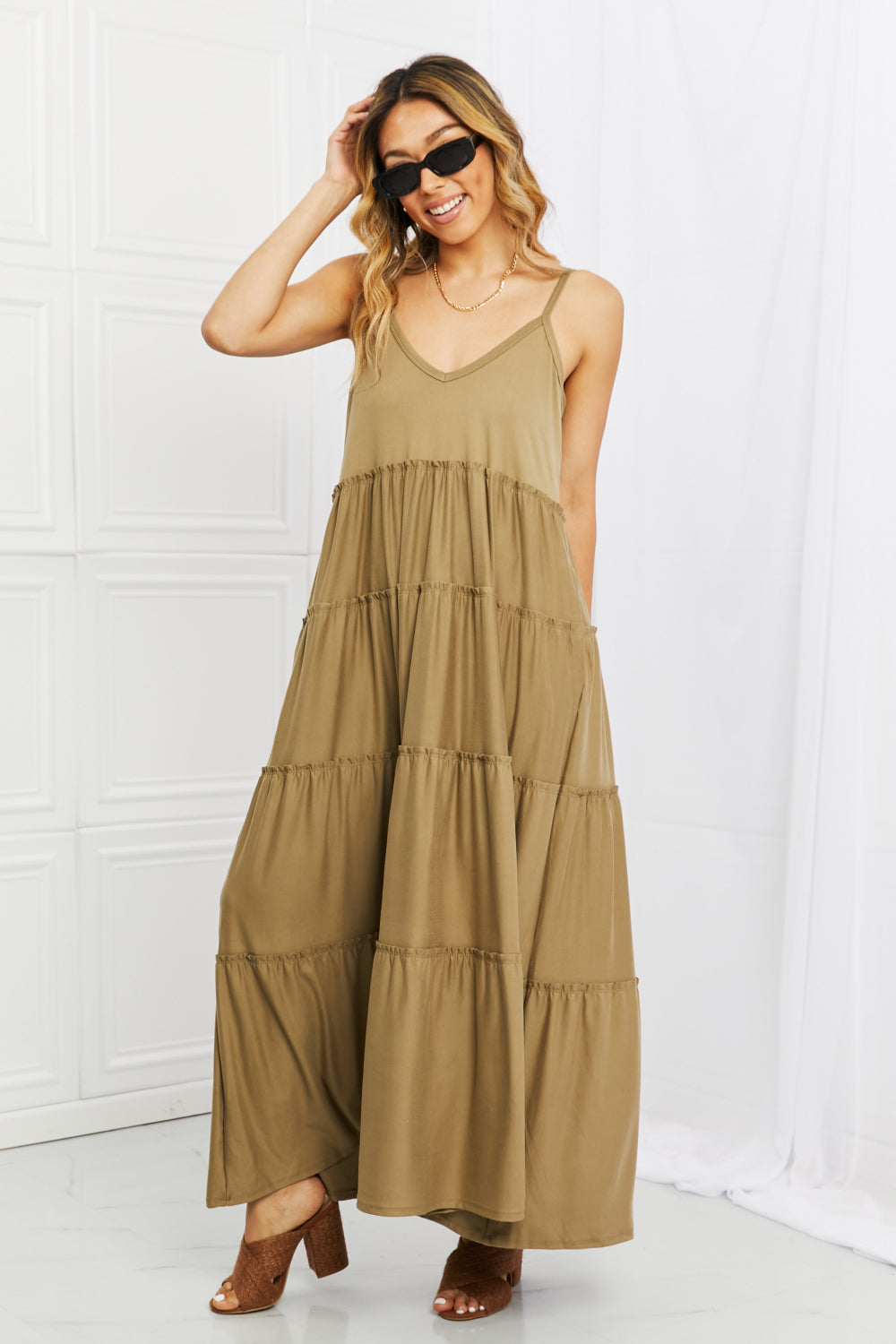 Khaki Full Size Spaghetti Strap Dress