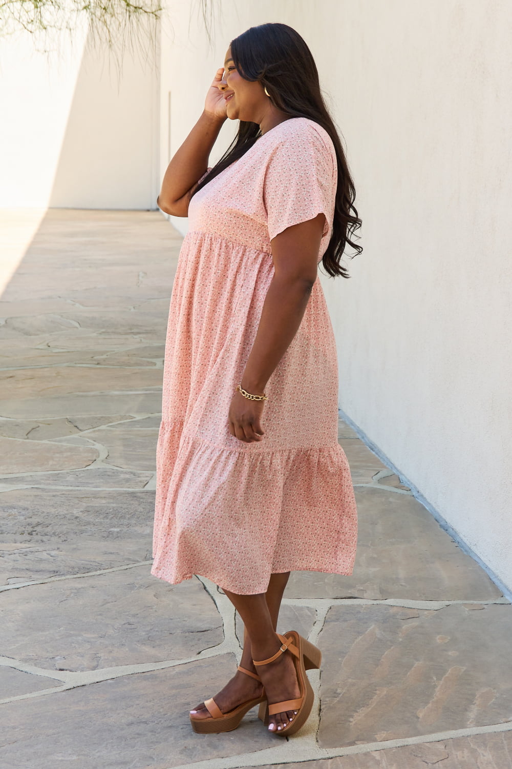 Peach Full Size Kimono Sleeve Midi Dress