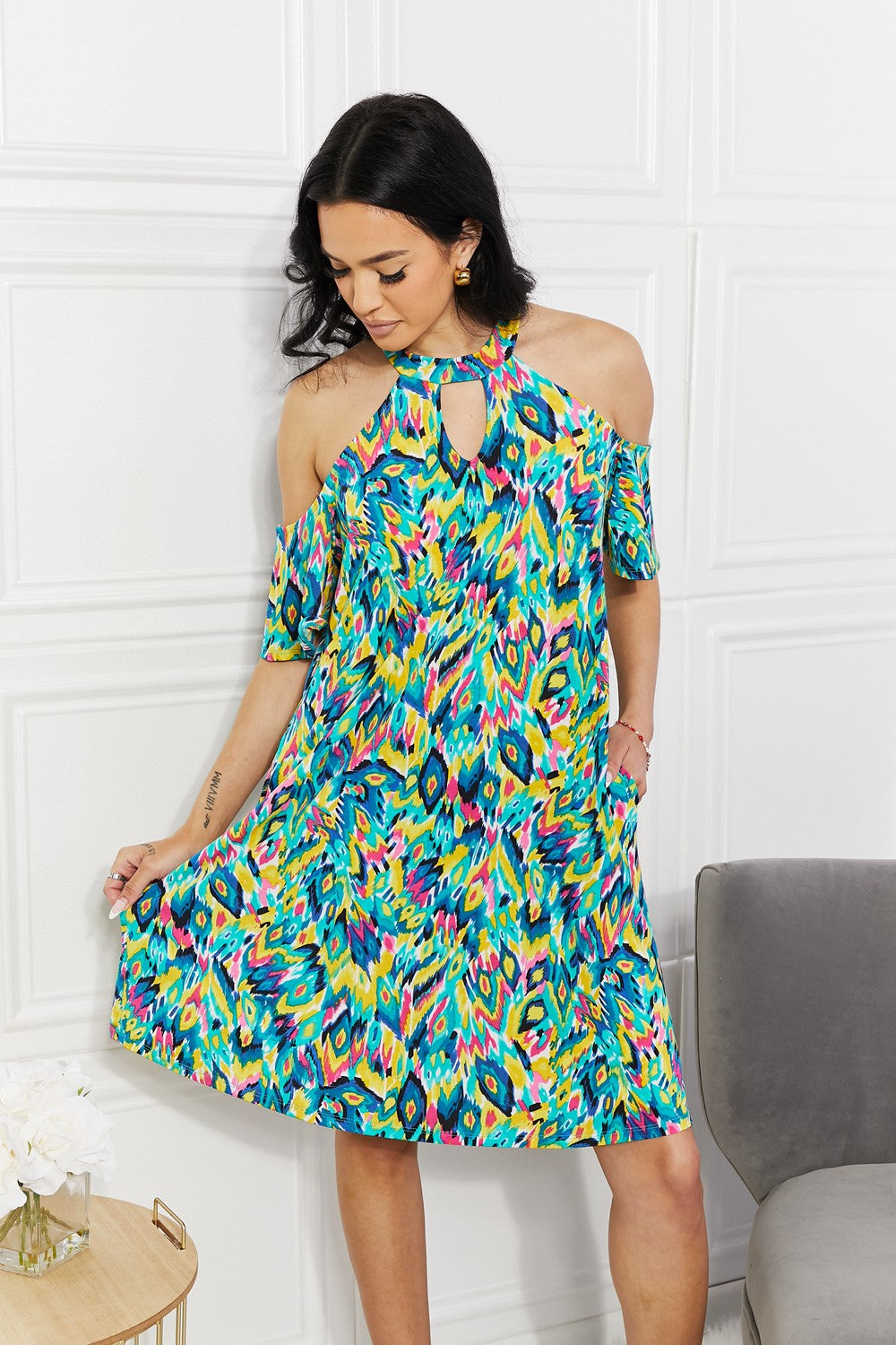 Full Size Printed Cold-Shoulder Dress