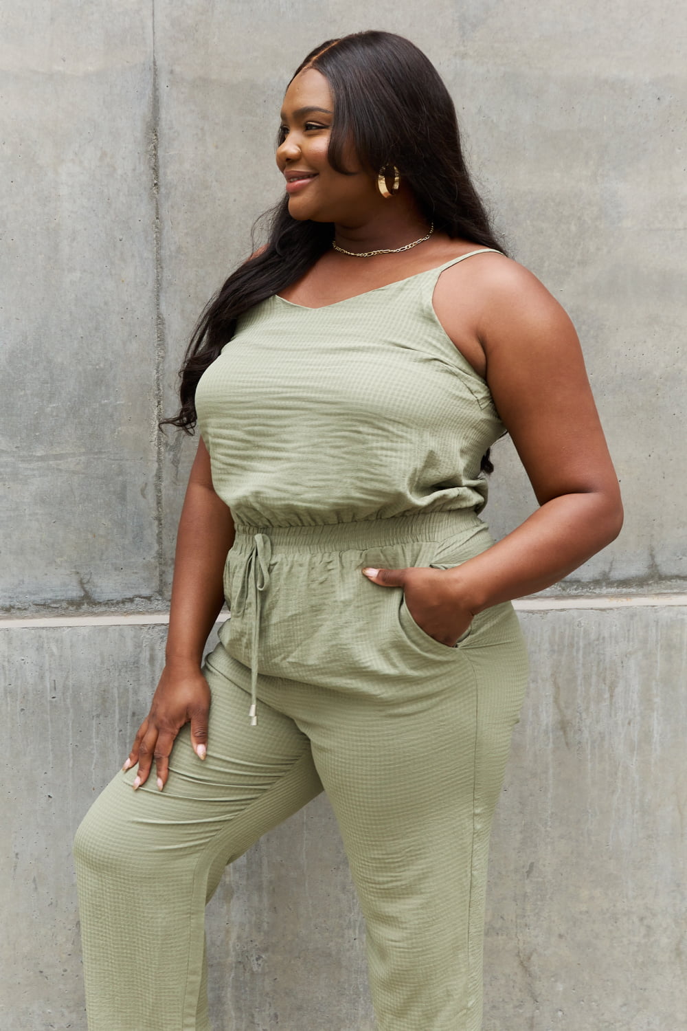 Sage Full Size Textured Woven Jumpsuit