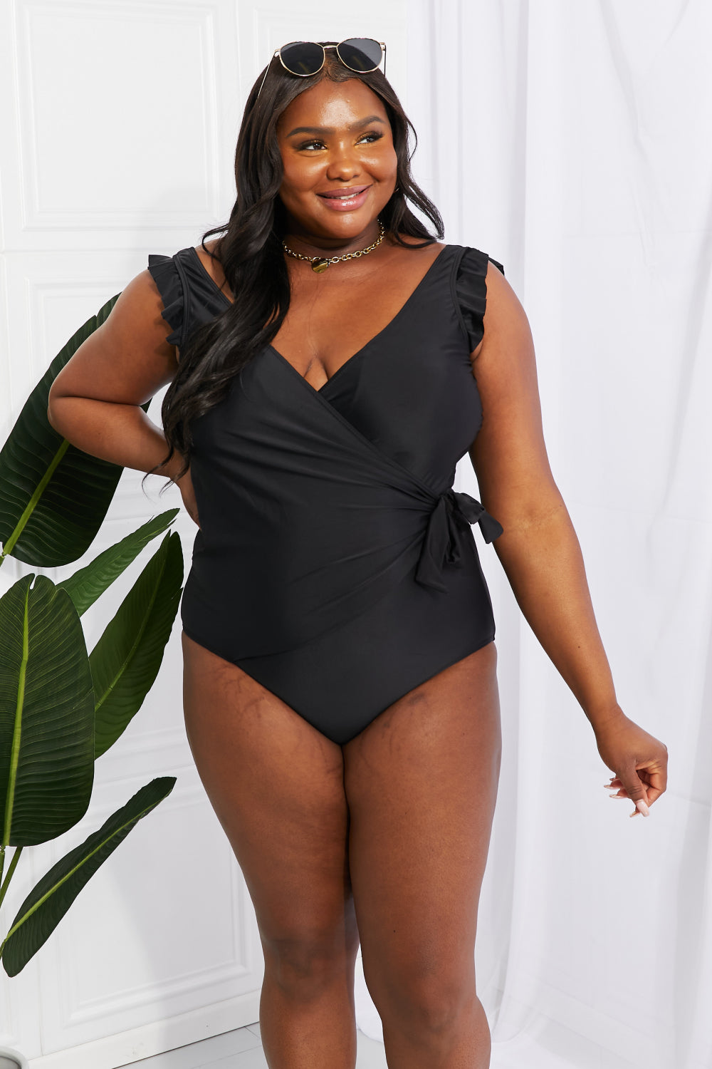 Black Ruffle Faux Wrap One-Piece Swimsuit