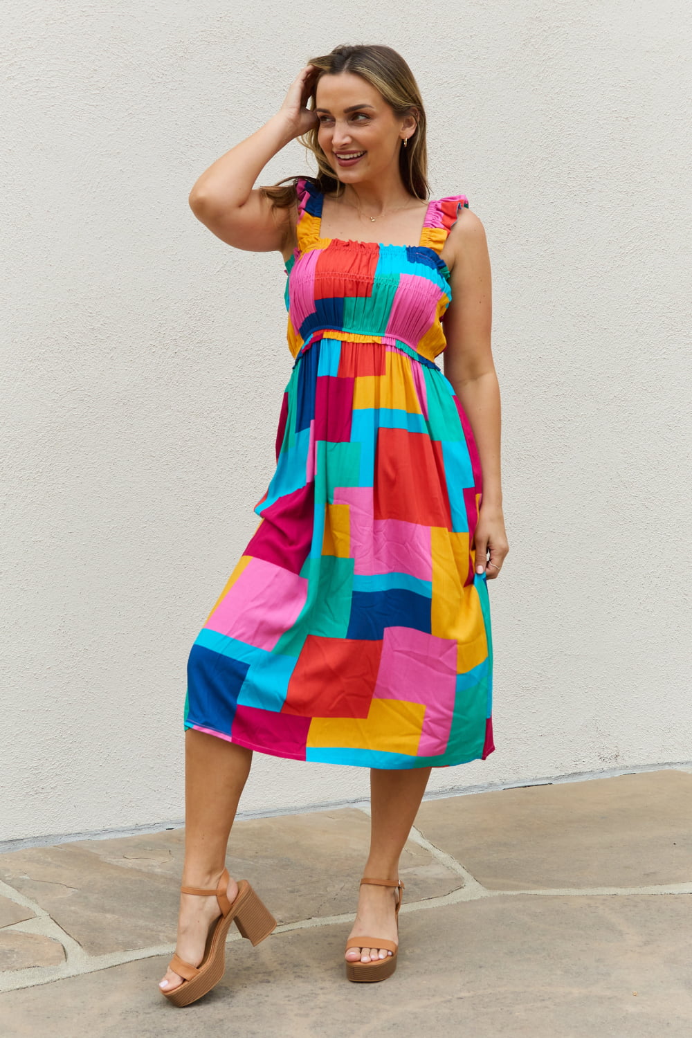 Multicolored Square Print Summer Dress