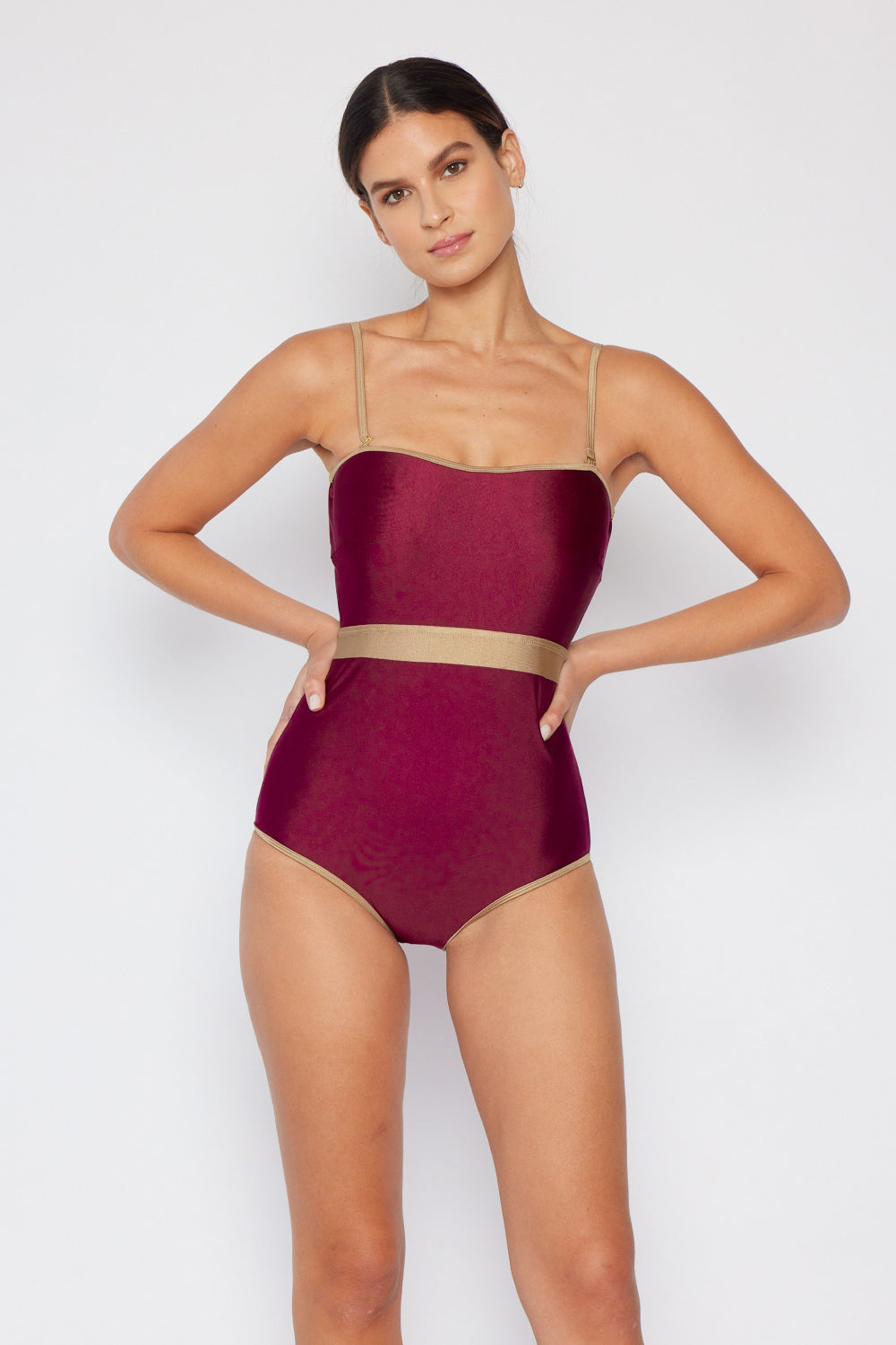 Wine Wave Break Contrast Trim Swimsuit