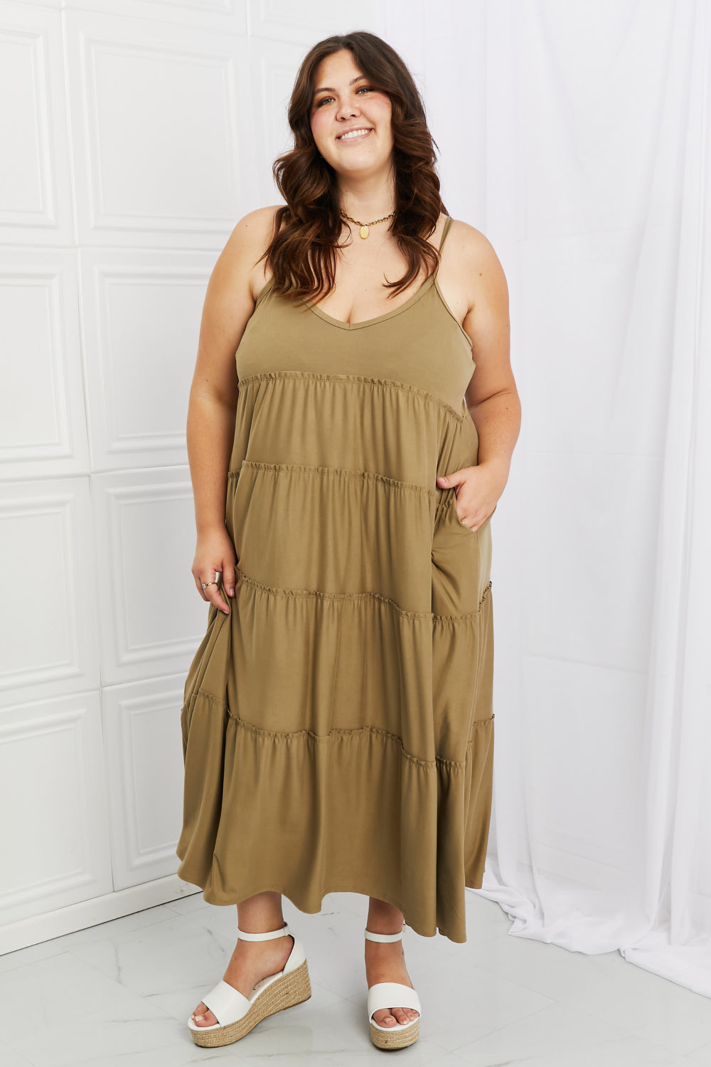 Khaki Full Size Spaghetti Strap Dress