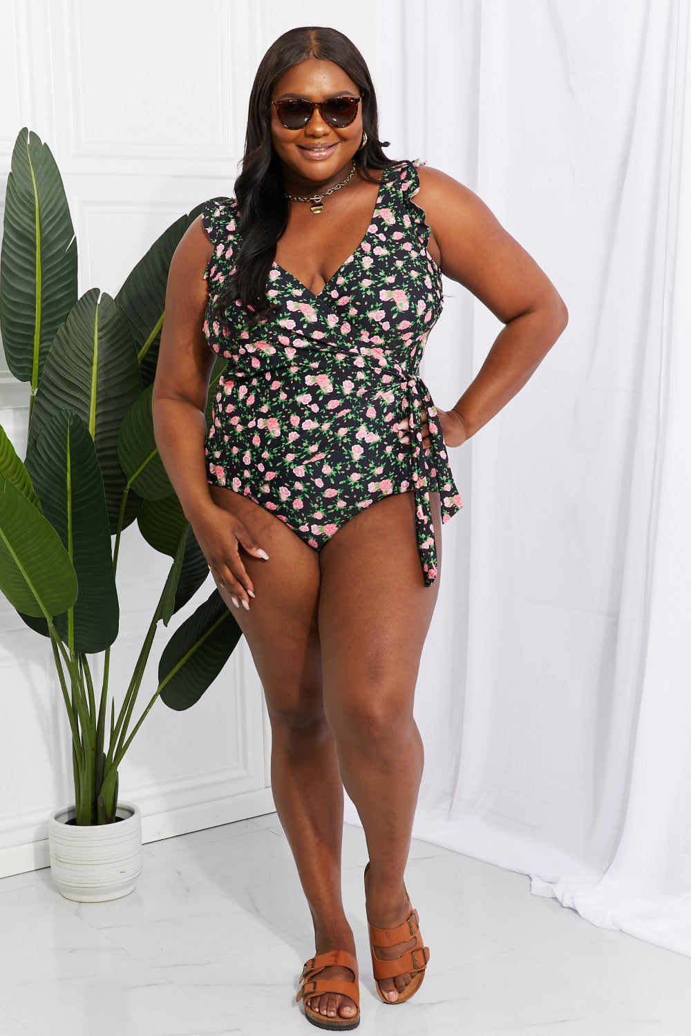 Floral Ruffle Faux Wrap Swimsuit