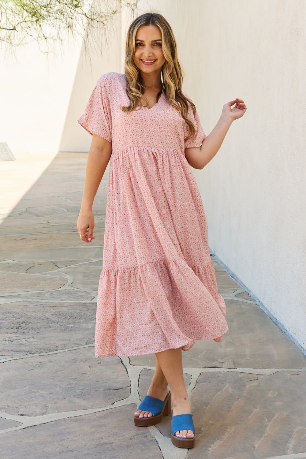 Peach Full Size Kimono Sleeve Midi Dress