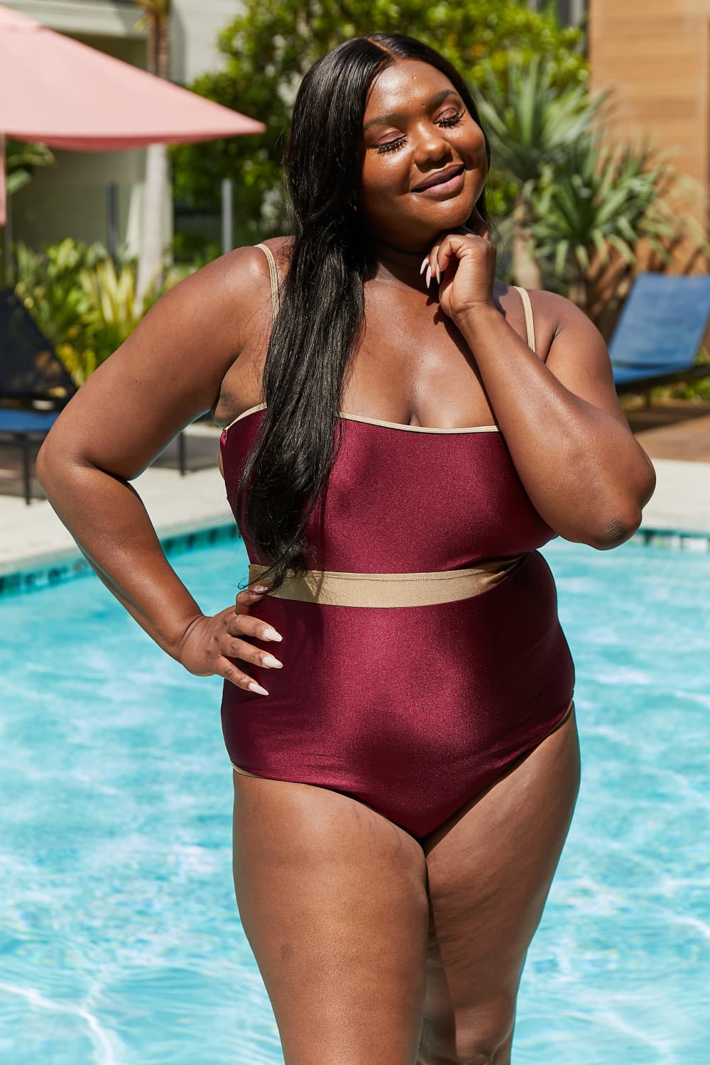 Wine Wave Break Contrast Trim Swimsuit