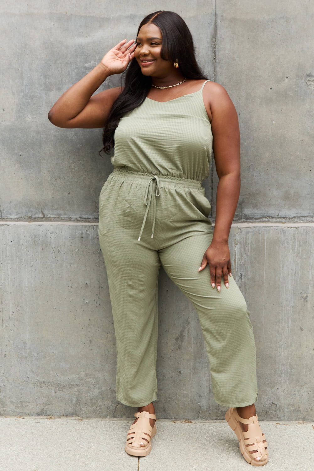 Sage Full Size Textured Woven Jumpsuit