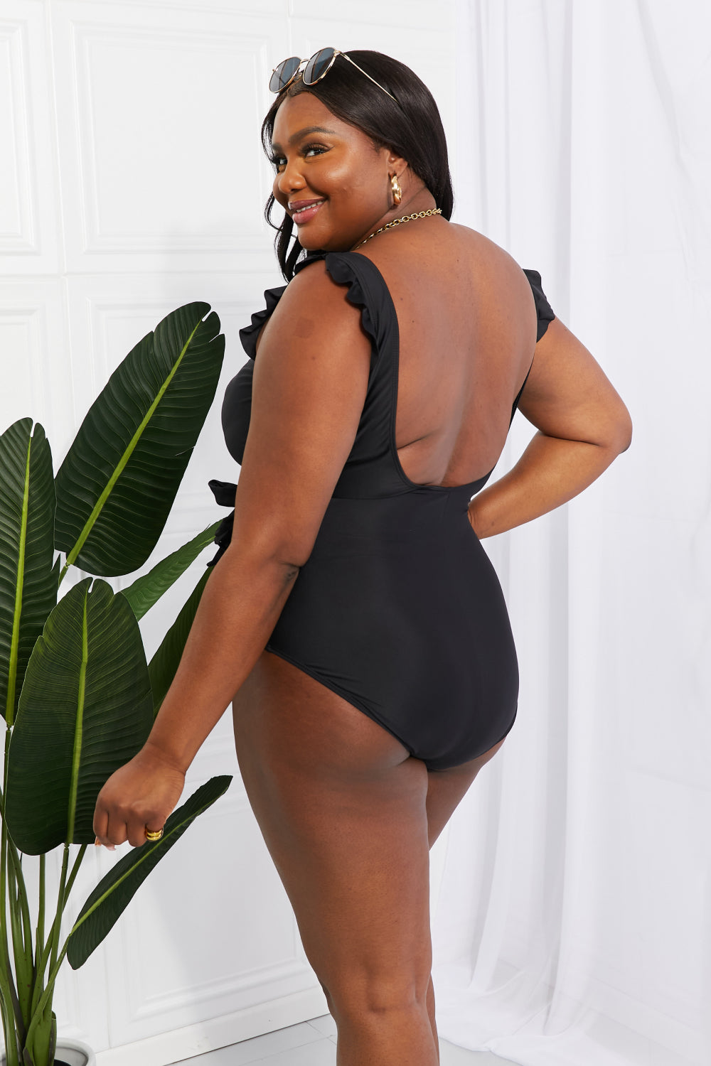 Black Ruffle Faux Wrap One-Piece Swimsuit