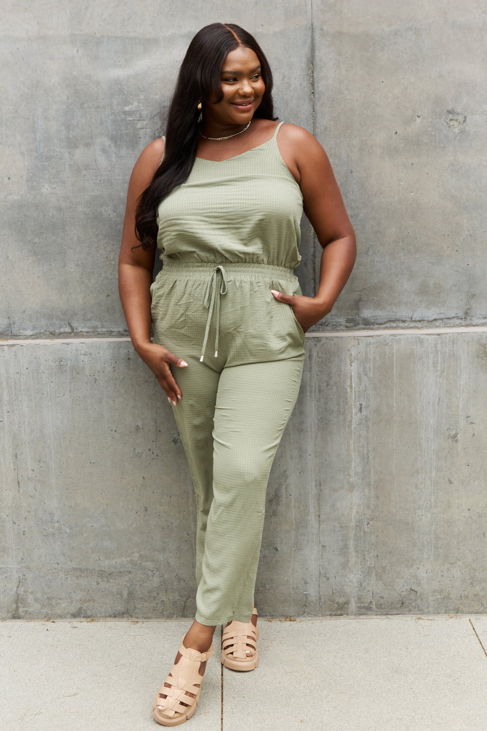 Sage Full Size Textured Woven Jumpsuit