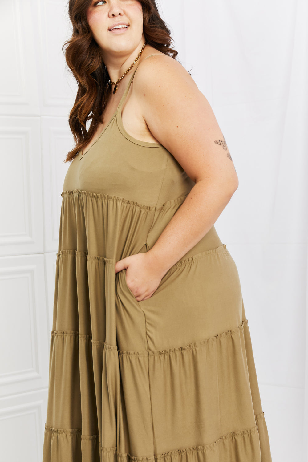 Khaki Full Size Spaghetti Strap Dress