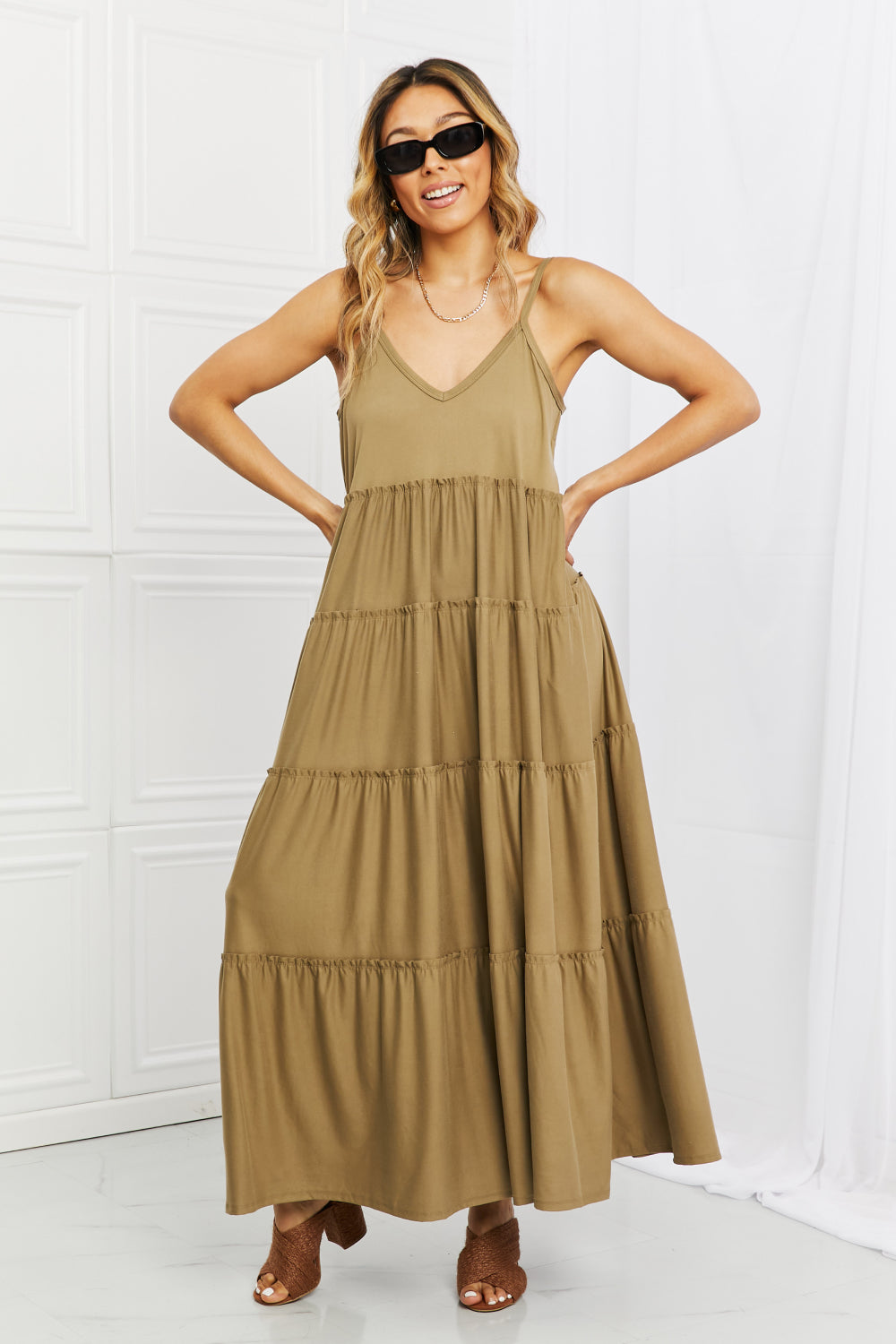 Khaki Full Size Spaghetti Strap Dress