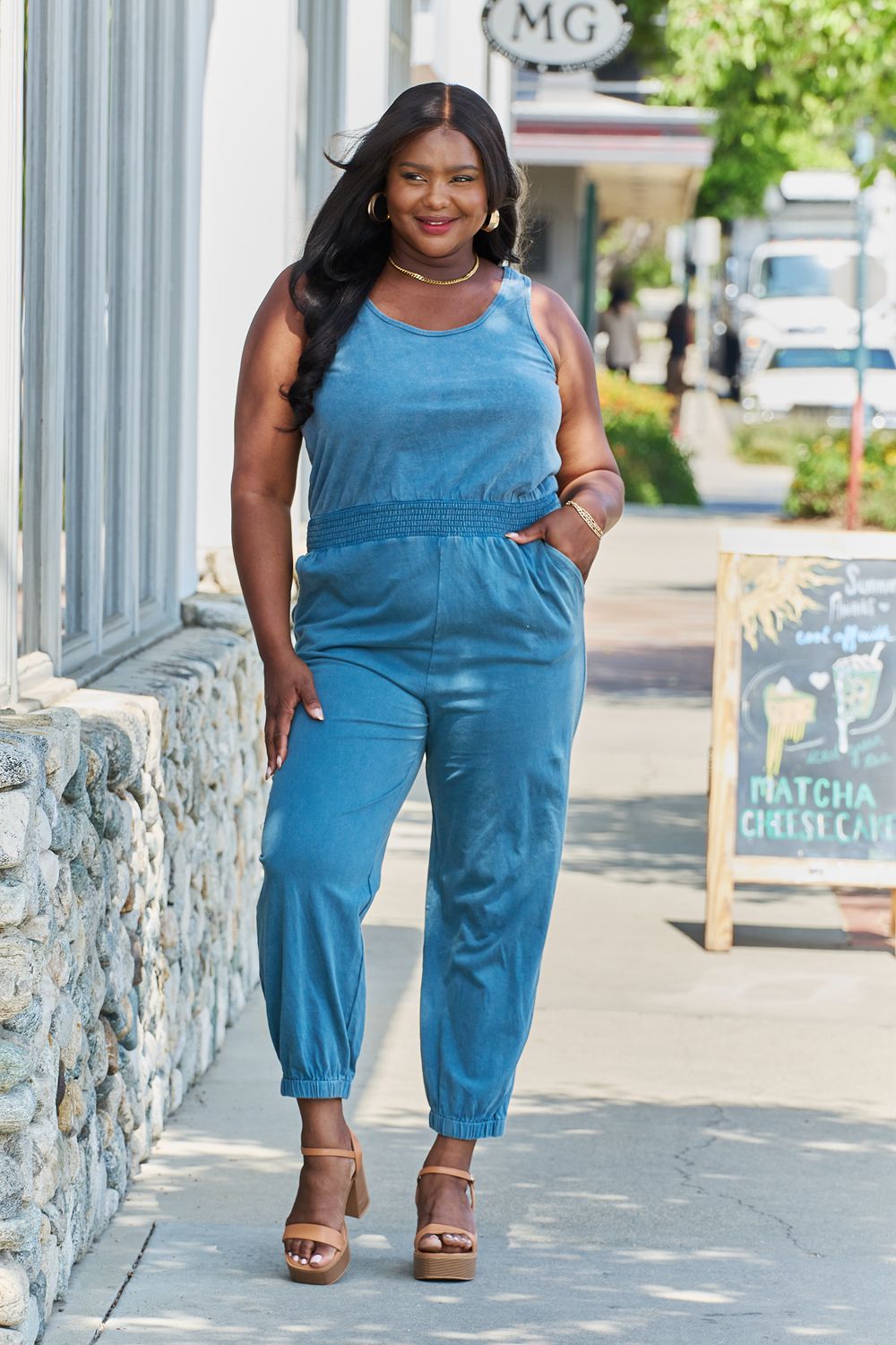 Full Size Acid Wash Casual Jumpsuit