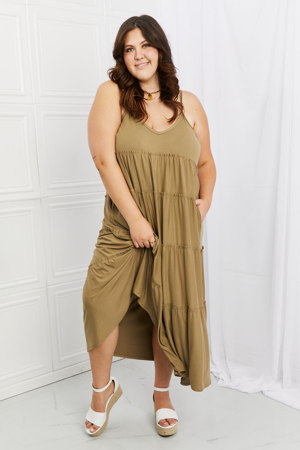 Khaki Full Size Spaghetti Strap Dress